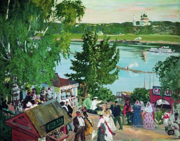 Paysage œuvres - promenade le long de la volga 1909 Boris Mikhailovich Kustodiev paysage de la rivière